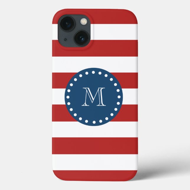 Rotweiße Streifen Muster, Navy Blue Monogram Case-Mate iPhone Hülle (Rückseite)