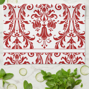 Rotweiße Wirbel Damask Monogramm Geschirrtuch