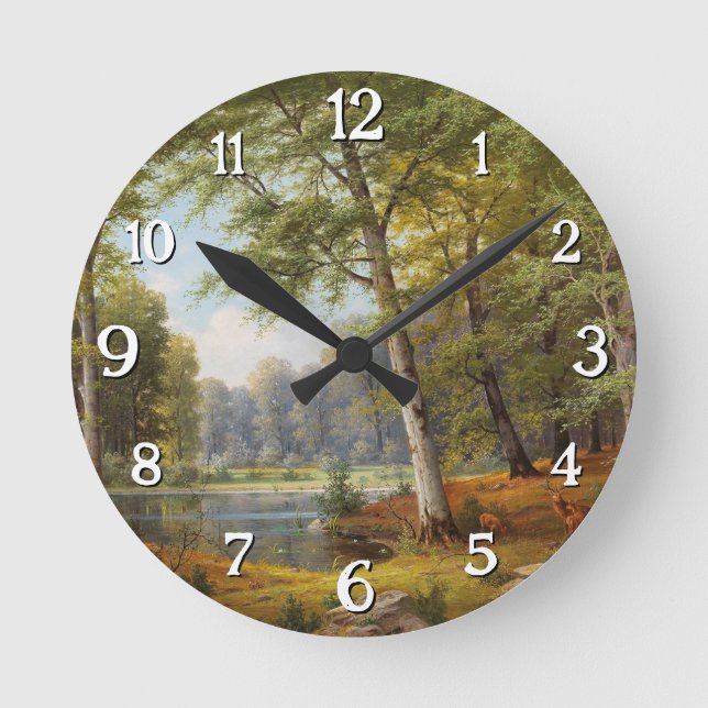 Rotwild am Waldteich Runde Wanduhr (Vorderseite)