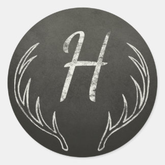 Rotwild-Geweih-Monogramm-Schwarzweiss-Tafel Runder Aufkleber