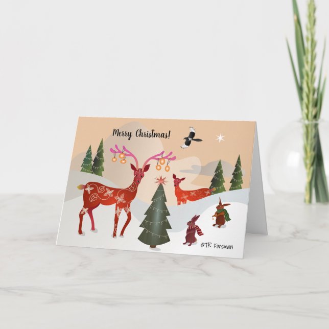 Rotwild, Häschen, Elster Weihnachten Karte (Vorderseite)