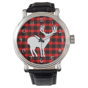 Rotwild-Hirsch-Silhouette auf rotem schwarzem Armbanduhr