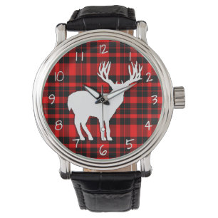 Rotwild-Hirsch-Silhouette auf rotem schwarzem Armbanduhr