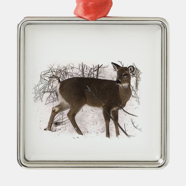 Rotwild im Schnee Silbernes Ornament (Vorne)