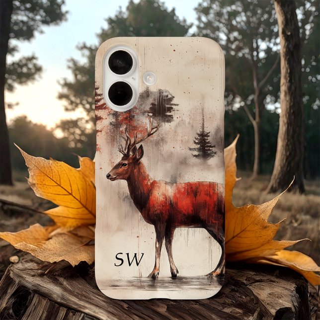 Rotwild im Wald Mit Monogramm iPhone 16 Hülle (Von Creator hochgeladen)