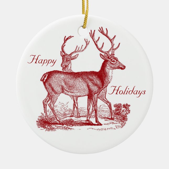 Rotwild-Ren im Holz-Gewohnheits-Weihnachten Keramikornament (Vorne)