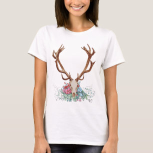 Rotwild-Schädel mit Blumen 2 T-Shirt