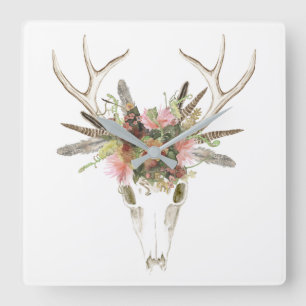 Rotwild-Schädel u. Blumen Quadratische Wanduhr