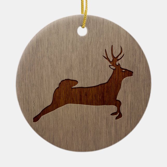 Rotwild-Silhouette graviert auf hölzernem Entwurf Keramik Ornament (Vorne)