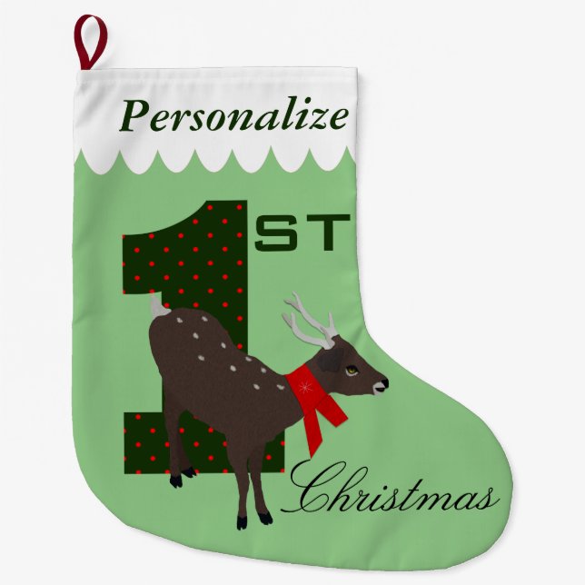 Rotwild-Strumpf des Babys personalisierter erstes Großer Weihnachtsstrumpf (Vorderseite)