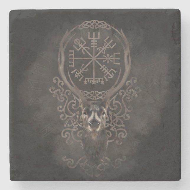 Rotwild und Vegvisir - Viking-Navigations-Kompass Steinuntersetzer (Vorderseite)