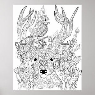 Rotwild und Vogel, die erwachsenes Farbtonplakat Poster