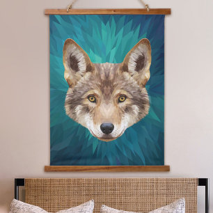 Rotwolf Low-Poly Moderne Abstrakte Tierkunst Wandteppich Mit Holzrahmen
