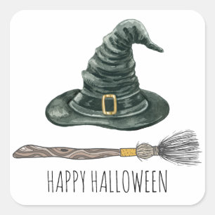 Rotzerhut und Broomstick-Halloween-Party Quadratischer Aufkleber