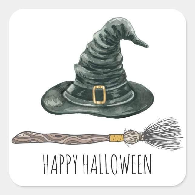 Rotzerhut und Broomstick-Halloween-Party Quadratischer Aufkleber (Vorderseite)