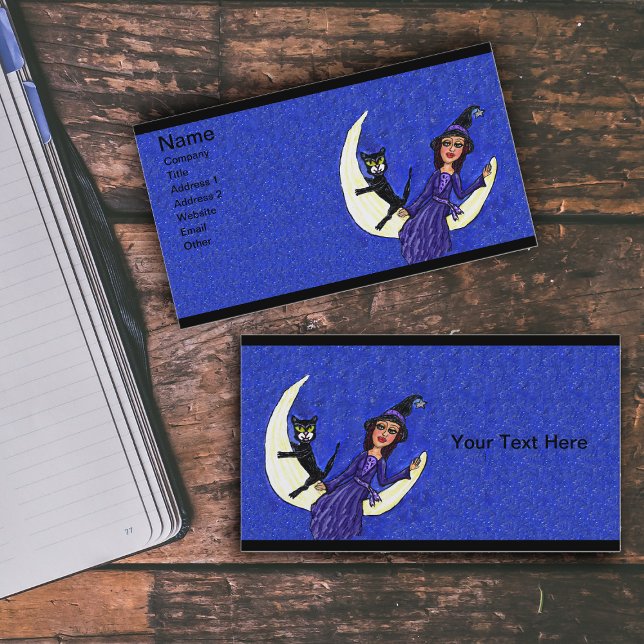 Rotzunge auf Crescent Moon Black Cat Blue Visitenkarte (Witch in purple dress on crescent moon with black cat in blue star studded sky on business cards.)