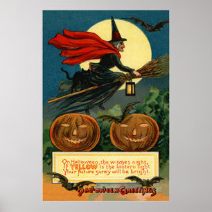 Rotzunge Broom Flying Kürbislaterne Black Cat Bat Poster