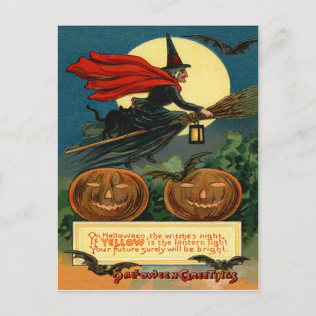 Rotzunge Broom Flying Kürbislaterne Black Cat Bat Postkarte (Vorderseite)