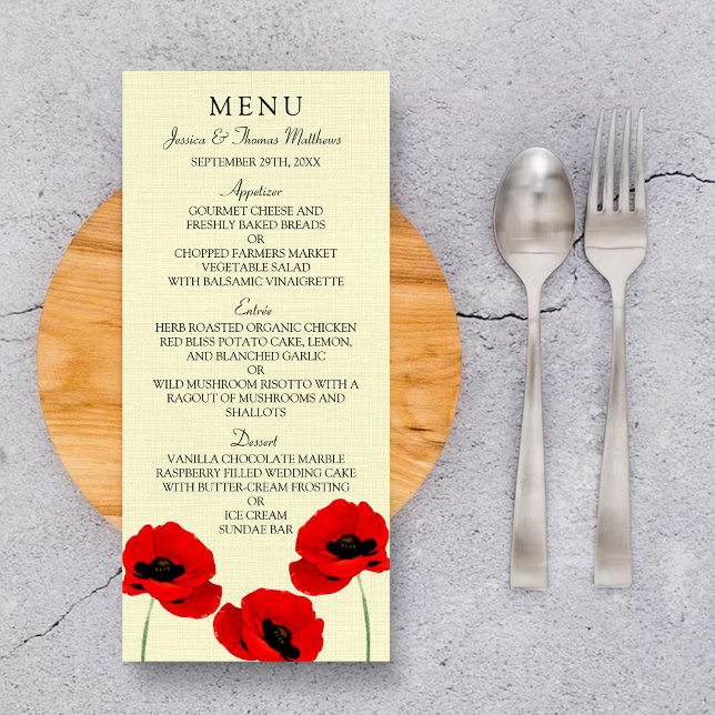 Rouge Aquarelle Poppies Floral Mariage Menu (Créateur téléchargé)