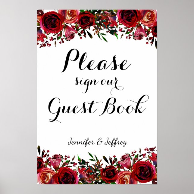 Rouge Automne Floral Mariage Signet du livre d'or (Devant)