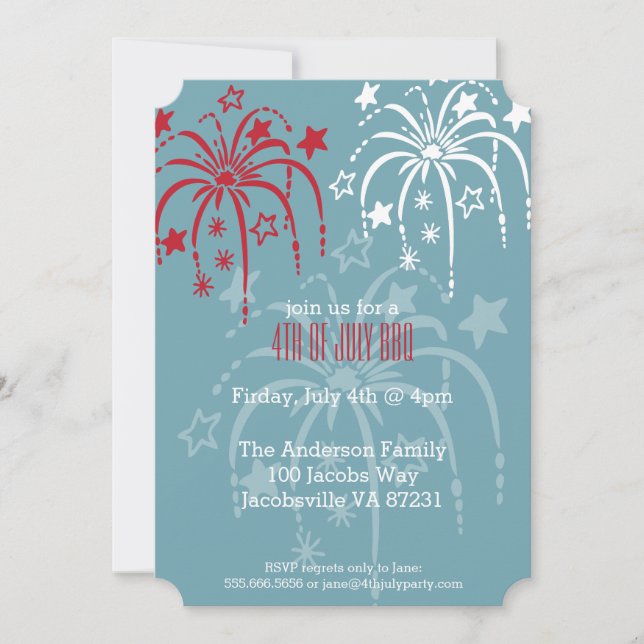 Rouge Blanc & Bleu Fireworks 4 juillet Invitations (Devant)