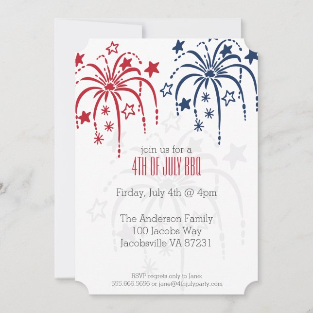 Rouge Blanc & Bleu Fireworks 4 juillet Invitations (Devant)