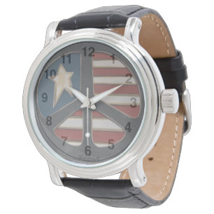 Rouge Blanc Bleu Paix - Montre en Cuir Noir Homme