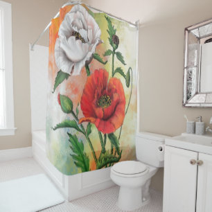 Rouge Blanc Peau Douche Rideau Belles Fleurs