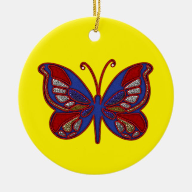 Rouge Bleu Bleu Papillon-Jaune Ornement rond (Devant)