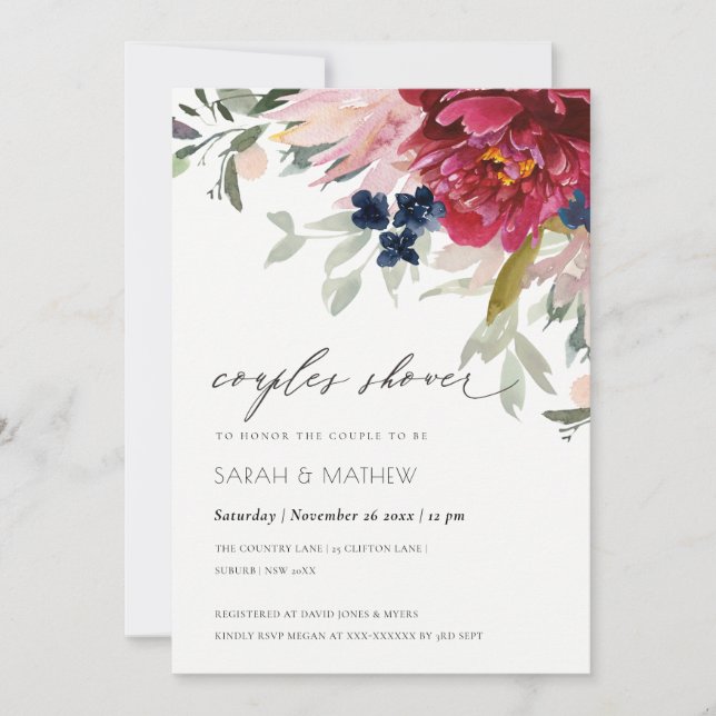 Rouge Bourgogne Blush Floral Couples Invitation de (Devant)