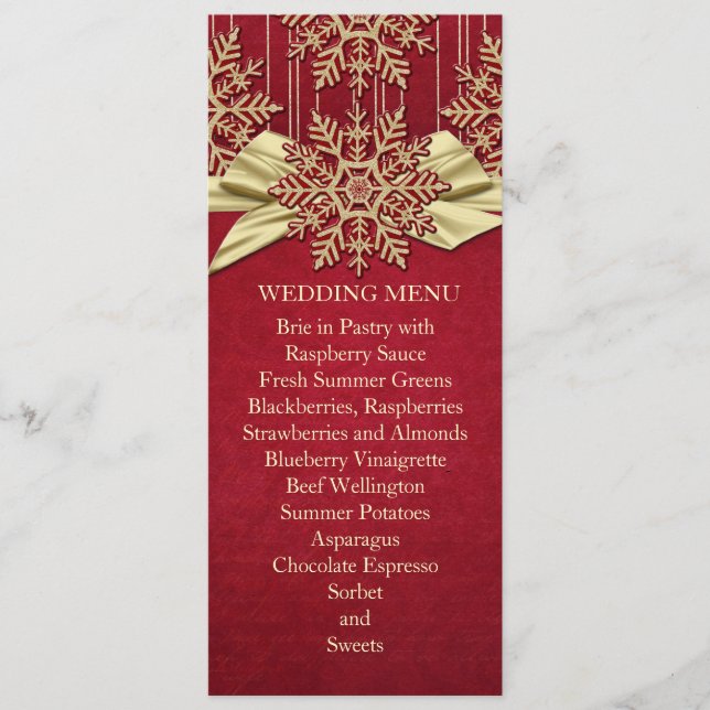 Rouge Damask Snowflakes Gold Ribbon Mariage Menu (Devant)