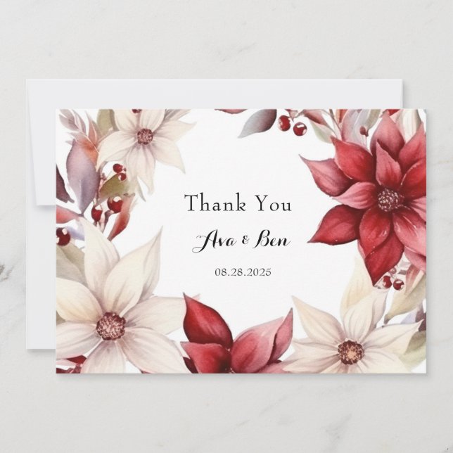 Rouge et Blanc Poinsettia Mariage Merci Cartes (Devant)