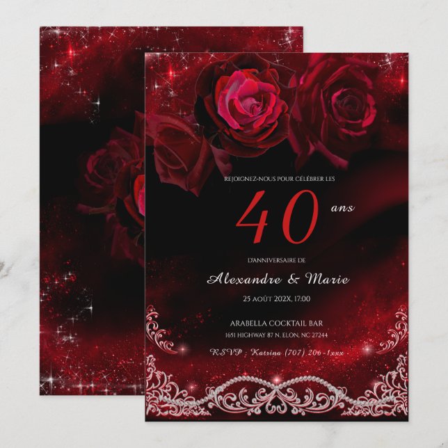 Rouge et Noir 40e Anniversaire de Mariage Einladung (Vorne/Hinten)