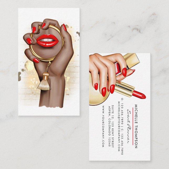 Rouge et or Glam Chic Maquillage Artiste Carte de  (Devant / Derrière)