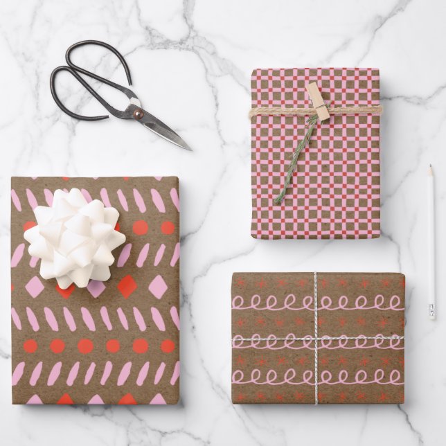 Rouge et rose peint Rustique Kraft papier Noël (Recto)