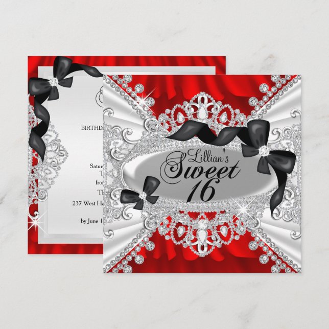 Rouge étincelle Diamant & Bow Sweet 16 Invitation (Devant / Derrière)