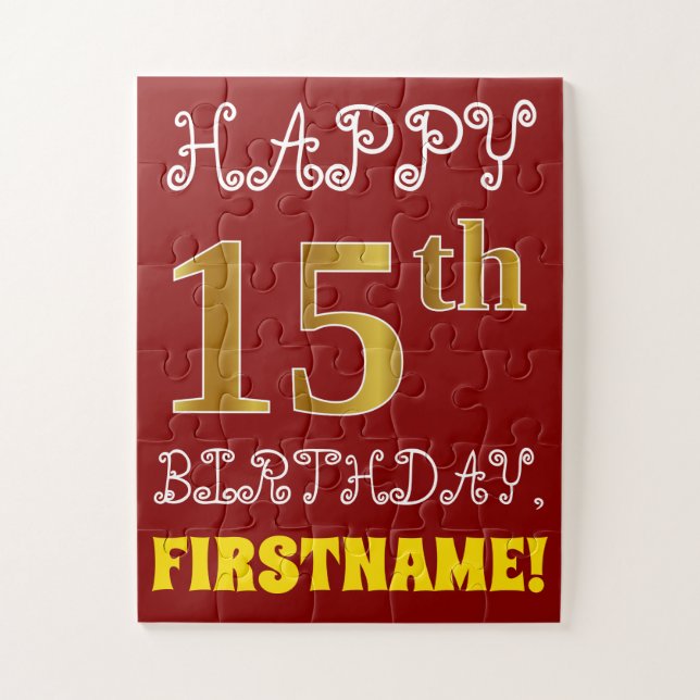Rouge, Faux Gold 15e anniversaire + Puzzle de nom  (Vertical)