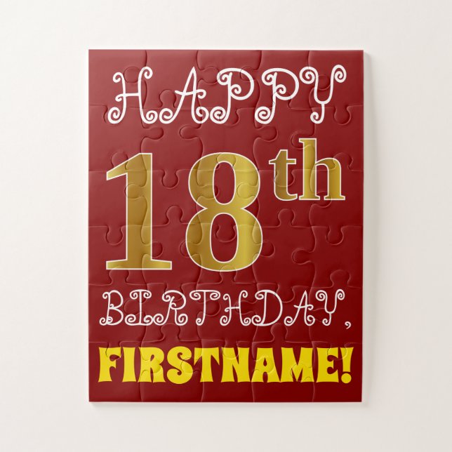Rouge, Faux Gold 18e anniversaire + Puzzle de nom  (Vertical)