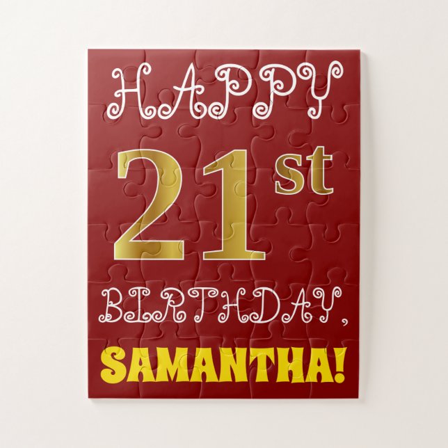 Rouge, Faux Gold 21e anniversaire + Puzzle de nom  (Vertical)