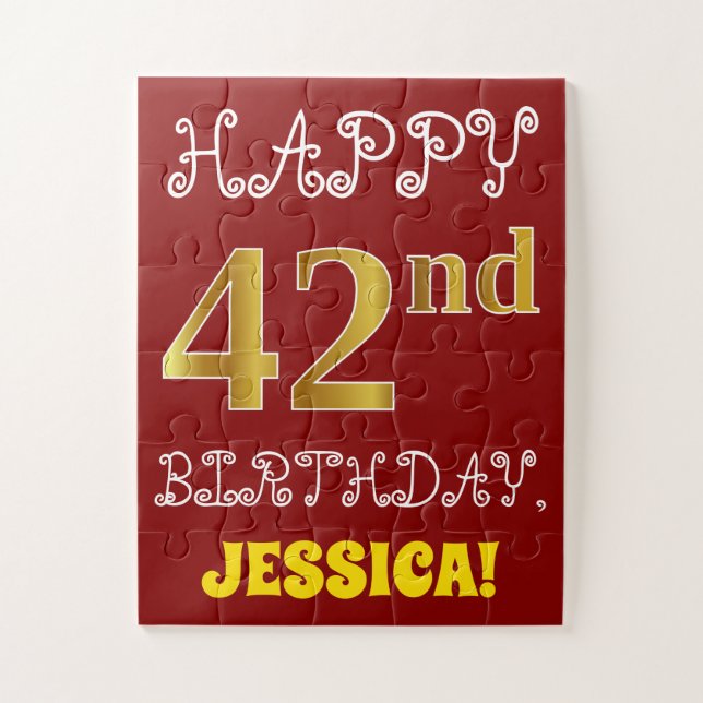 Rouge, Faux Gold 42e anniversaire + Puzzle de nom  (Vertical)