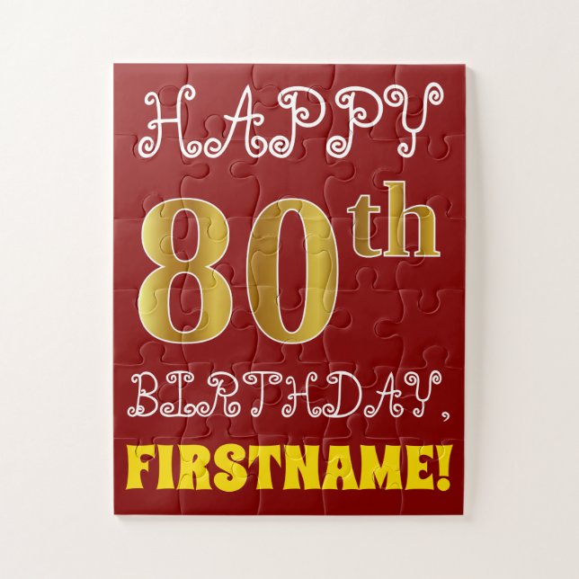 Rouge, Faux Gold 80e anniversaire + Puzzle de nom  (Vertical)