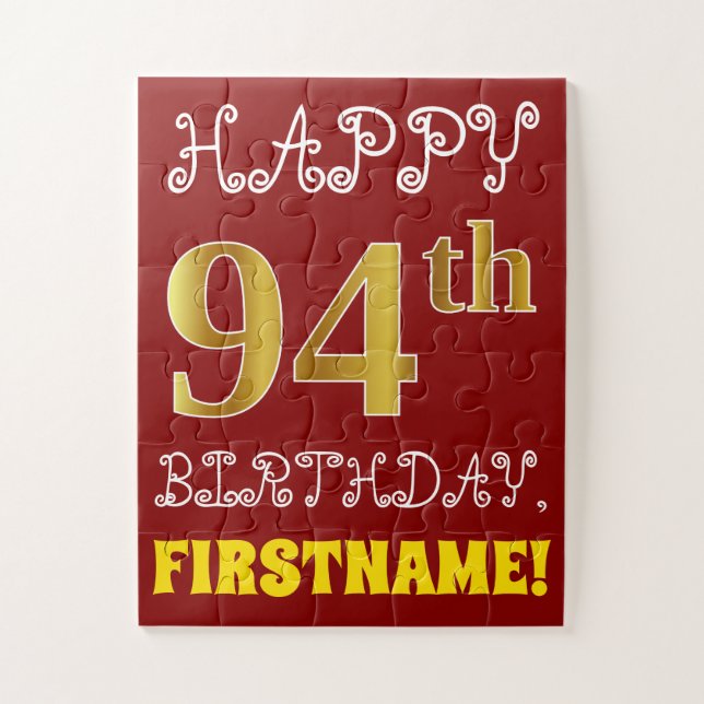 Rouge, Faux Gold 94e anniversaire + Puzzle de nom  (Vertical)