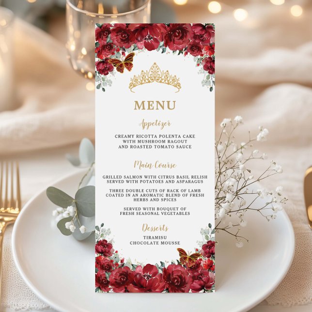 Rouge Floral Fleurs Or Quinceanera Menu Anniversai (red-floral-flowers-gold-butterflies-quinceanera-Quinceañera-15-xv-sweet-sixteen-16-birthday-menu)
