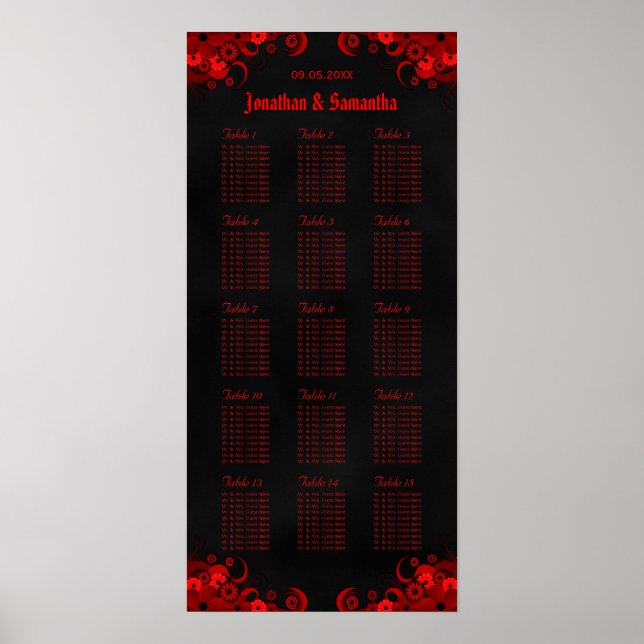 Rouge Floral & Noir 15 Tables Mariages Tableau de  (Devant)