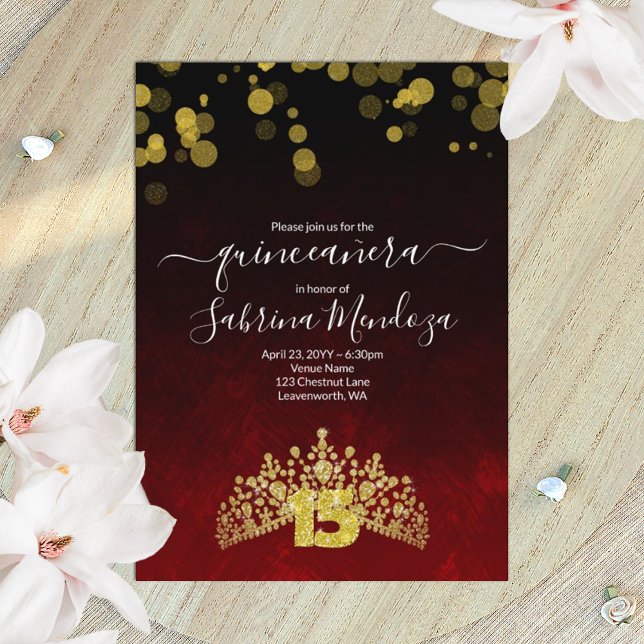 Rouge foncé, Gold Tiara Quinceanera Invitation (elegant ruby red quinceanera invitation with gold rhinestone tiara, gold glitter number 15)