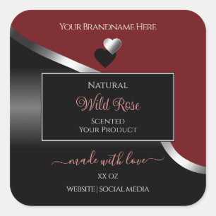 Rouge foncé Noir Wavy Coeurs d'argent Étiquettes d