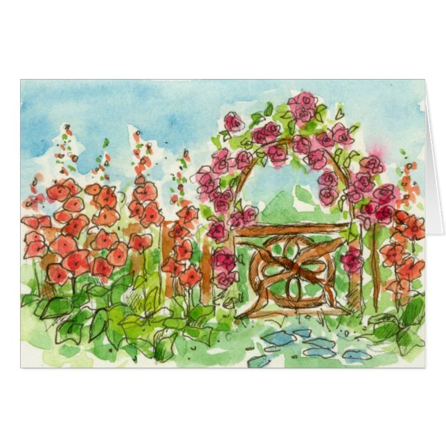 Rouge Hollyhock Aquarelle Fleurs Jardin Porte vier (Devant Horizontal)