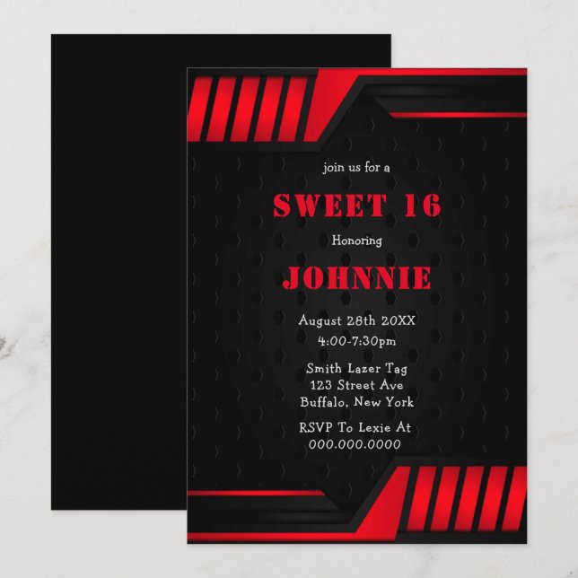 Rouge métallique Noir Doux 16 Invitations de fête  (Devant / Derrière)