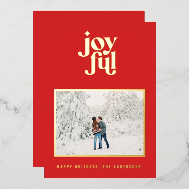 Rouge moderne joyeuse 1 photo foil carte de vacanc (Recto/Verso)