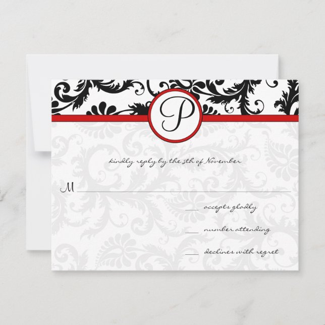 Rouge noir blanc Damas Floral Swirl Cartes RSVP (Devant)